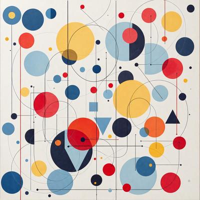 The primary subject of the image is a colorful, abstract artwork featuring a variety of shapes and colors. The setting is a white background, which provides a clean and uncluttered appearance. The visual style is a combination of digital art and illustration, creating a unique and eye-catching design. The dominant colors in the artwork are red, blue, yellow, and orange, which contribute to a lively and vibrant atmosphere.